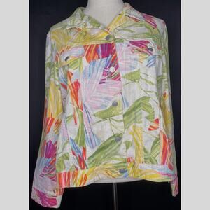 Chico's women button up jacket floral tropical Hawaii long sleeve linen blend 3